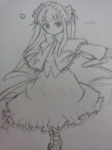 Rating: Safe Score: 0 Tags: 1girl bow bowtie capelet dress frills full_body greyscale image long_hair long_sleeves looking_at_viewer monochrome photo shinku sketch solo standing traditional_media twintails User: admin