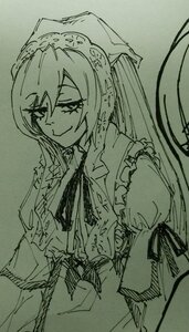 Rating: Safe Score: 0 Tags: 1girl closed_mouth dress eyebrows_visible_through_hair image long_hair long_sleeves monochrome smile solo suiseiseki traditional_media upper_body veil User: admin