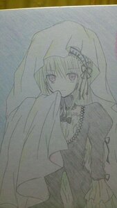 Rating: Safe Score: 0 Tags: 1girl bangs curtains dress eyebrows_visible_through_hair frills image long_hair long_sleeves looking_at_viewer monochrome solo suigintou traditional_media veil User: admin