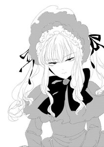 Rating: Safe Score: 0 Tags: 1girl bonnet dress greyscale image long_hair monochrome shinku solo white_background User: admin