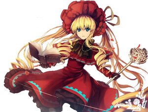 Rating: Safe Score: 0 Tags: 1girl blonde_hair blue_eyes bonnet book bow bowtie dress drill_hair flower image long_hair looking_at_viewer red_dress shinku simple_background solo twintails very_long_hair white_background User: admin