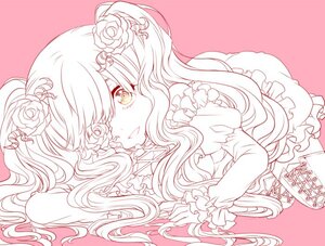 Rating: Safe Score: 0 Tags: 1girl auto_tagged dress eyepatch flower frills hair_flower hair_ornament image kirakishou lineart long_hair lying monochrome pink_background pink_theme rose solo wavy_hair User: admin