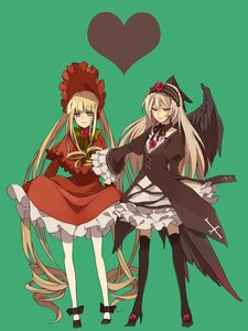 Rating: Safe Score: 0 Tags: 2girls black_wings blonde_hair blue_eyes bonnet commentary_request dress frills green_background hairband heart image long_hair lowe_(slow) multiple_girls pair photoshop_(medium) purple_eyes red_eyes ribbon rozen_maiden shinku silver_hair smile suigintou thighhighs very_long_hair wings User: admin