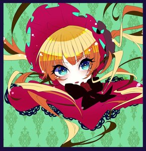 Rating: Safe Score: 0 Tags: 1girl blonde_hair blue_eyes bonnet bow dress flower image letterboxed long_hair looking_at_viewer red_flower red_rose rose shinku solo twintails User: admin