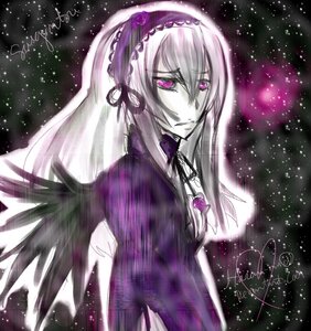 Rating: Safe Score: 0 Tags: 1girl dress flower hairband image long_hair looking_at_viewer purple_eyes rose silver_hair sky solo space star_(sky) starry_sky suigintou wings User: admin
