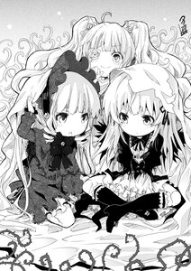 Rating: Safe Score: 0 Tags: 3girls blush bow dress greyscale hair_ornament image lolita_fashion long_hair looking_at_viewer monochrome multiple multiple_girls sitting smile tagme twintails User: admin