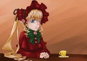 Rating: Safe Score: 0 Tags: 1girl blonde_hair blue_eyes bonnet bow bowtie cup dress flower green_bow image long_hair long_sleeves looking_at_viewer red_capelet red_dress rose shinku solo table teacup twintails User: admin