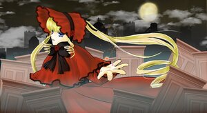 Rating: Safe Score: 0 Tags: 1girl blonde_hair blue_eyes bonnet bow bowtie building capelet cloud dress full_moon image long_hair long_sleeves looking_at_viewer moon night outdoors outstretched_arm red_dress shinku sky solo twintails very_long_hair User: admin