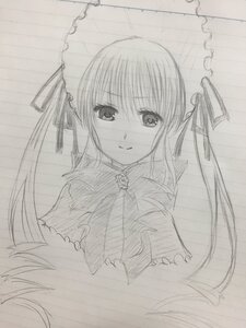 Rating: Safe Score: 0 Tags: 1girl blush flower hair_ribbon holding_umbrella image long_hair looking_at_viewer monochrome rain ribbon shared_umbrella shinku sketch smile solo traditional_media twintails umbrella upper_body User: admin