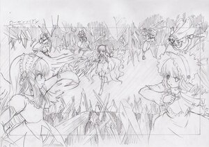 Rating: Safe Score: 0 Tags: 6+girls dress frills greyscale image long_hair monochrome multiple multiple_girls shinku sketch suigintou tagme traditional_media weapon wings User: admin