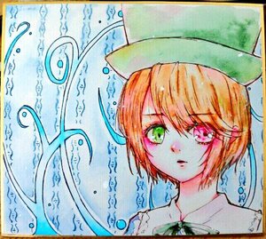 Rating: Safe Score: 0 Tags: bow bowtie collared_shirt eyebrows_visible_through_hair green_eyes hat image looking_at_viewer portrait short_hair simple_background solo souseiseki traditional_media watercolor_(medium) white_shirt User: admin