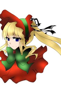 Rating: Safe Score: 0 Tags: 1girl blonde_hair blue_eyes bonnet bow bowtie dress flower image long_hair long_sleeves looking_at_viewer rose shinku simple_background solo twintails white_background User: admin