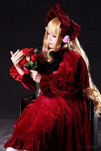 Rating: Safe Score: 0 Tags: 1girl bangs blonde_hair bonnet bouquet closed_eyes dress flower hat long_hair red_dress red_flower red_rose rose shinku sitting solo User: admin