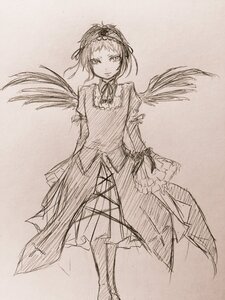 Rating: Safe Score: 0 Tags: 1girl blush closed_mouth dress frills hairband image long_sleeves looking_at_viewer monochrome sketch solo standing suigintou traditional_media wings User: admin