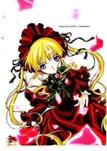 Rating: Safe Score: 0 Tags: 1girl blonde_hair blue_eyes bonnet bow bowtie dress flower green_bow image long_hair long_sleeves looking_at_viewer petals red_dress rose_petals shinku simple_background solo twintails white_background User: admin