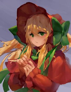 Rating: Safe Score: 0 Tags: 1girl bangs blonde_hair bow closed_mouth dress green_bow green_eyes image long_hair long_sleeves rain shinku solo upper_body User: admin