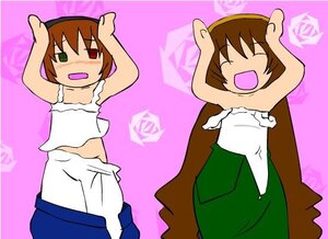 Rating: Safe Score: 0 Tags: 2girls :d armpits arms_up blush brown_hair closed_eyes dress heterochromia image long_hair midriff multiple_girls open_mouth pair short_hair siblings simple_background sisters smile souseiseki suiseiseki twins very_long_hair User: admin