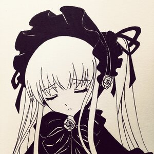 Rating: Safe Score: 0 Tags: 1girl bonnet bowtie capelet closed_eyes closed_mouth flower hat image long_hair long_sleeves monochrome ribbon rose shinku simple_background solo suigintou upper_body User: admin