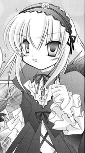 Rating: Safe Score: 0 Tags: 1girl dress frilled_sleeves frills greyscale hairband image long_hair long_sleeves looking_at_viewer monochrome ribbon solo sparkle suigintou upper_body User: admin