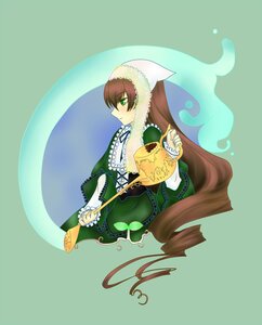 Rating: Safe Score: 0 Tags: 1girl brown_hair dress frills green_dress green_eyes image long_hair long_sleeves monster_girl solo suiseiseki very_long_hair User: admin