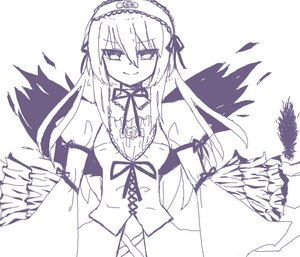 Rating: Safe Score: 0 Tags: 1girl black_wings dress eyebrows_visible_through_hair feathered_wings feathers flower frilled_sleeves frills hairband half-closed_eyes image long_hair long_sleeves looking_at_viewer monochrome neck_ribbon ribbon rose simple_background smile solo suigintou white_background wings User: admin