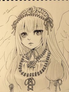 Rating: Safe Score: 0 Tags: 1girl closed_mouth dress flower hairband image juliet_sleeves lineart lolita_hairband long_hair long_sleeves looking_at_viewer monochrome puffy_sleeves ribbon rose sepia solo suigintou traditional_media upper_body User: admin