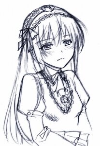 Rating: Safe Score: 0 Tags: 1girl blush braid closed_mouth eyebrows_visible_through_hair greyscale image long_hair looking_at_viewer monochrome simple_background sketch solo suigintou traditional_media upper_body white_background User: admin