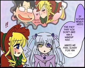 Rating: Safe Score: 0 Tags: 1boy 3girls barasuishou blonde_hair blue_eyes blush bonnet bow bowtie dress english_text eyepatch image long_hair long_sleeves multiple_girls pair pink_bow red_dress shinku sidelocks silver_hair suigintou yellow_eyes User: admin