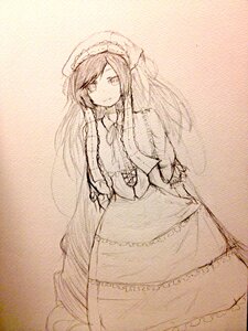 Rating: Safe Score: 0 Tags: 1girl blush bonnet dress frills gothic_lolita hat image lolita_fashion long_hair long_sleeves looking_at_viewer monochrome solo standing suiseiseki traditional_media twintails very_long_hair User: admin