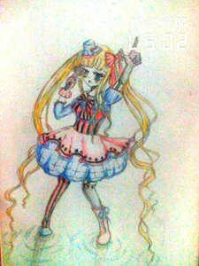 Rating: Safe Score: 0 Tags: 1girl blonde_hair blue_eyes bow dress hat image long_hair shinku solo traditional_media twintails User: admin