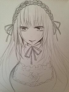 Rating: Safe Score: 0 Tags: 1girl bangs breasts choker cleavage dress eyebrows_visible_through_hair flower greyscale hairband image long_hair looking_at_viewer monochrome ribbon rose smile solo suigintou traditional_media upper_body User: admin
