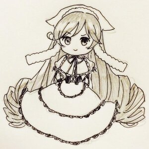 Rating: Safe Score: 0 Tags: 1girl apron bangs blush closed_mouth dress eyebrows_visible_through_hair frills full_body image long_hair monochrome ribbon short_sleeves simple_background smile solo souseiseki standing very_long_hair white_background User: admin