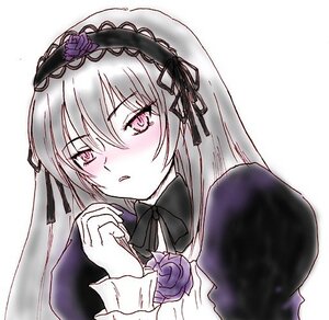 Rating: Safe Score: 0 Tags: 1girl artist_request black_ribbon blush dress eyebrows_visible_through_hair flower hair_ribbon hairband image long_hair long_sleeves looking_at_viewer pale_skin pink_eyes purple_rose ribbon rose rozen_maiden silver_hair simple_background solo suigintou upper_body white_background User: admin