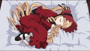 Rating: Safe Score: 0 Tags: 1girl blonde_hair bonnet bow closed_eyes dress drill_hair full_body image letterboxed long_hair long_sleeves lying on_side red_dress shinku shoes sleeping solo twintails very_long_hair User: admin