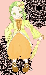 Rating: Safe Score: 0 Tags: 1girl closed_umbrella dress drill_hair flower full_body green_eyes green_hair hair_ornament holding_umbrella image kanaria long_sleeves looking_at_viewer parasol smile solo standing twin_drills umbrella yellow_dress User: admin
