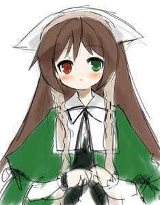 Rating: Safe Score: 0 Tags: 1girl blush brown_hair dress green_dress green_eyes head_scarf heterochromia image long_hair long_sleeves red_eyes simple_background sketch solo suiseiseki twintails very_long_hair white_background User: admin