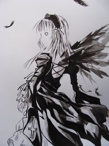 Rating: Safe Score: 0 Tags: 1girl closed_mouth dress feathers grey_background greyscale hairband image long_sleeves monochrome profile solo suigintou wings User: admin