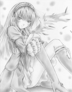 Rating: Safe Score: 0 Tags: 1girl bangs blush closed_mouth dress frills greyscale hairband image kneehighs long_hair long_sleeves looking_at_viewer monochrome sitting solo suigintou wings User: admin