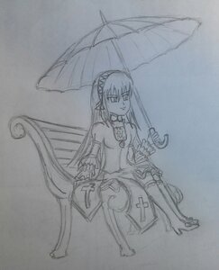 Rating: Safe Score: 0 Tags: 1girl full_body holding holding_umbrella image long_hair looking_at_viewer monochrome parasol pointy_ears rain sketch smile solo suigintou thighhighs traditional_media umbrella User: admin