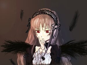 Rating: Safe Score: 0 Tags: 1girl black_ribbon black_wings dress feathers frills hairband image long_hair long_sleeves red_eyes simple_background solo suigintou upper_body wings User: admin