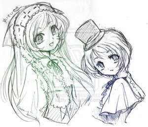 Rating: Safe Score: 0 Tags: 2girls capelet eyebrows_visible_through_hair frills hat image long_hair long_sleeves looking_at_viewer monochrome multiple_girls open_mouth pair ribbon short_hair siblings simple_background sisters smile souseiseki suiseiseki top_hat traditional_media twins User: admin