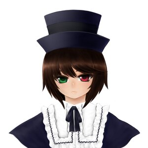 Rating: Safe Score: 0 Tags: 1girl bangs brown_hair closed_mouth green_eyes hat heterochromia image long_sleeves looking_at_viewer red_eyes ribbon short_hair simple_background solo souseiseki striped top_hat upper_body vertical_stripes white_background User: admin