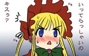 Rating: Safe Score: 0 Tags: 1girl blonde_hair blue_eyes blush bonnet bow bowtie capelet dress flower hat image long_hair rose shinku simple_background solo surprised twintails User: admin