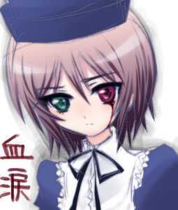 Rating: Safe Score: 0 Tags: 1girl blue_dress blurry blush dress frills green_eyes hat image long_sleeves looking_at_viewer red_eyes ribbon short_hair simple_background solo souseiseki upper_body white_background User: admin