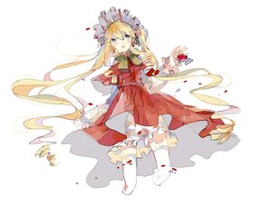 Rating: Safe Score: 0 Tags: 1girl blonde_hair blue_eyes bow dress food fruit image long_hair open_mouth petals red_dress shinku solo strawberry striped thighhighs twintails underwear very_long_hair white_legwear User: admin