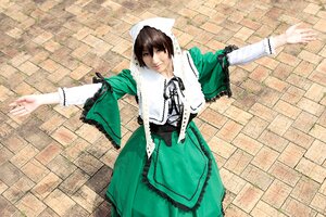 Rating: Safe Score: 0 Tags: 1girl brick_wall brown_hair dress green_dress hat head_scarf long_sleeves outstretched_arm outstretched_arms solo spread_arms suiseiseki tiles User: admin