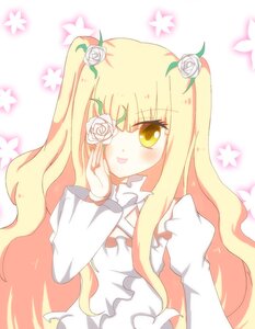 Rating: Safe Score: 0 Tags: 1girl blonde_hair blush eyepatch flower hair_flower image kirakishou long_hair rose solo striped tongue tongue_out vertical_stripes white_flower white_rose yellow_eyes User: admin