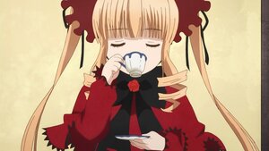 Rating: Safe Score: 0 Tags: 1girl bangs blonde_hair bonnet bow closed_eyes cup dress flower holding_cup image long_hair long_sleeves rose saucer shinku solo table tea teacup twintails upper_body User: admin