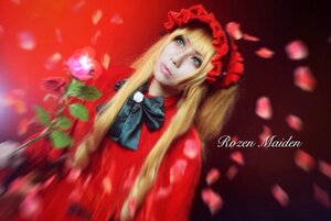 Rating: Safe Score: 0 Tags: 1girl bangs blonde_hair bow dress flower lips long_hair looking_at_viewer petals red_dress shinku solo upper_body User: admin