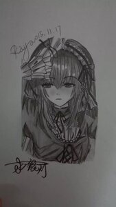 Rating: Safe Score: 0 Tags: 1girl dress hairband image lolita_hairband long_hair looking_at_viewer monochrome ribbon signature sketch solo suigintou traditional_media User: admin